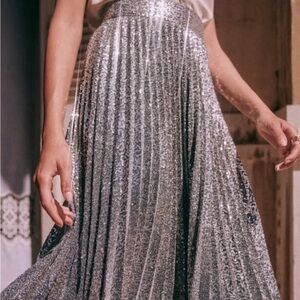 Sezane Shimmering Silver Pleated Midi Skirt